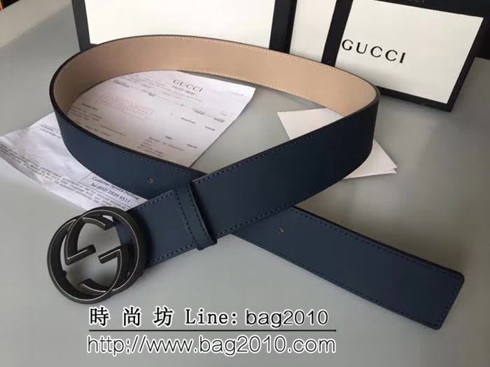 古馳CUCCI 雙面頭層 高級亞面牛皮 絲綢面料 純銅噴漆扣男士皮帶 GHG1120